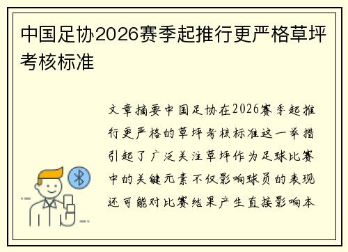 中国足协2026赛季起推行更严格草坪考核标准