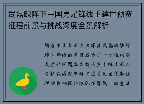 武磊缺阵下中国男足锋线重建世预赛征程前景与挑战深度全景解析