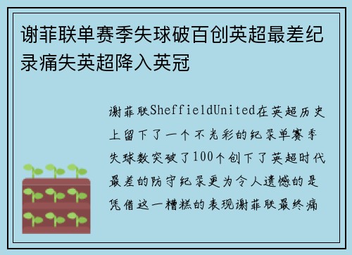谢菲联单赛季失球破百创英超最差纪录痛失英超降入英冠 谢菲联单赛季失球破百创英超最差纪录痛失英超降入英冠